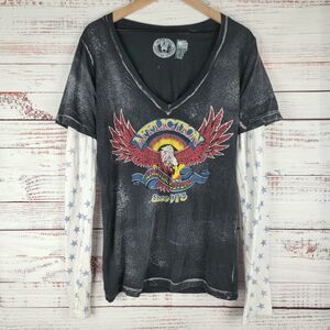 Affliction Womens XL Eagle Clutch Black White 2fer Thermal Long Sleeve V Neck